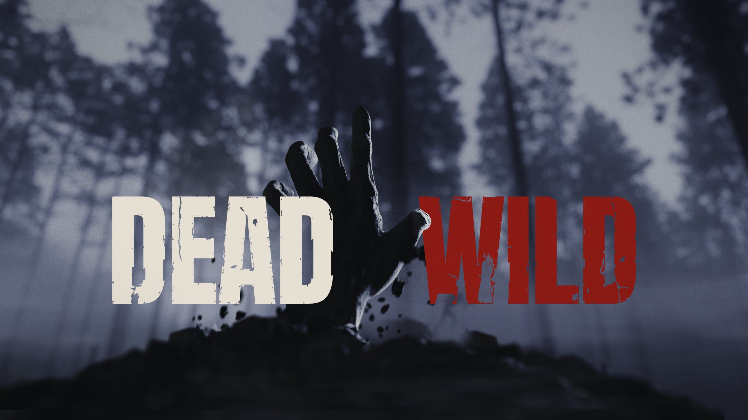 DEADWILD - a zombie hand bursting out of a foggy forest floor